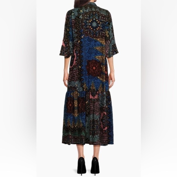 Johnny Was Nash Burnout Velvet Patchwork 3/4 Bell Sleeve Dress Small Multicolor - Picture 15 of 15